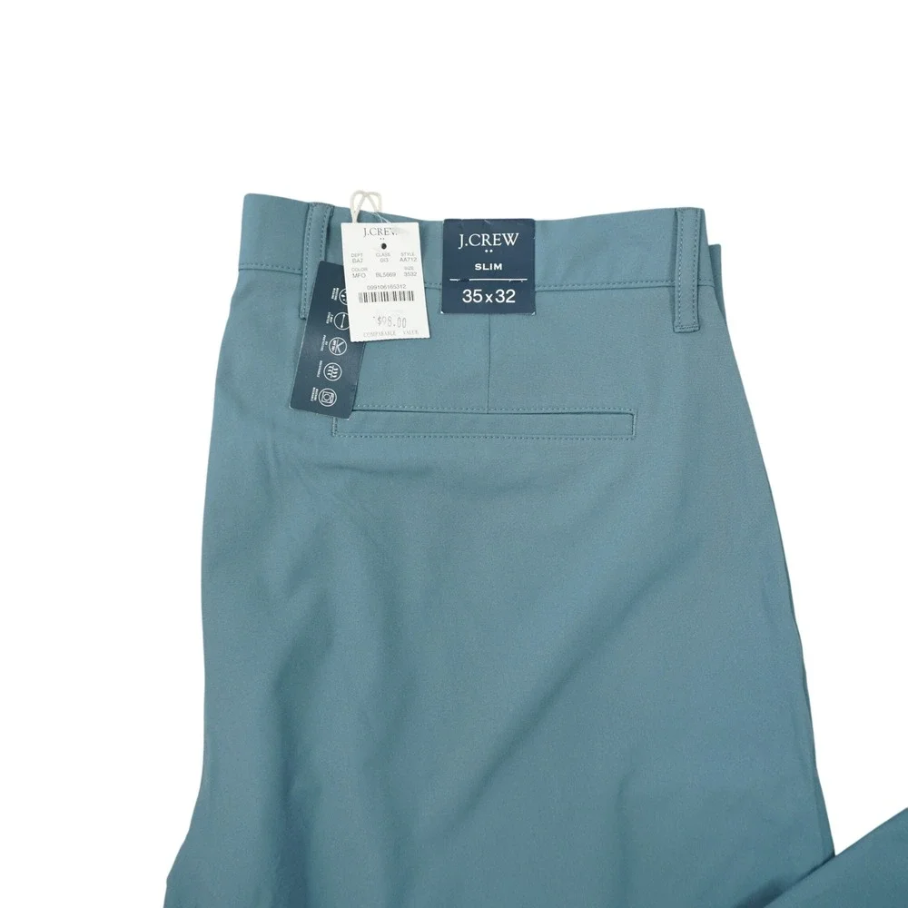 J. Crew Slim Tech Pants Chino Mens 35x32 Blue Green Mountain Fog Stretch NEW